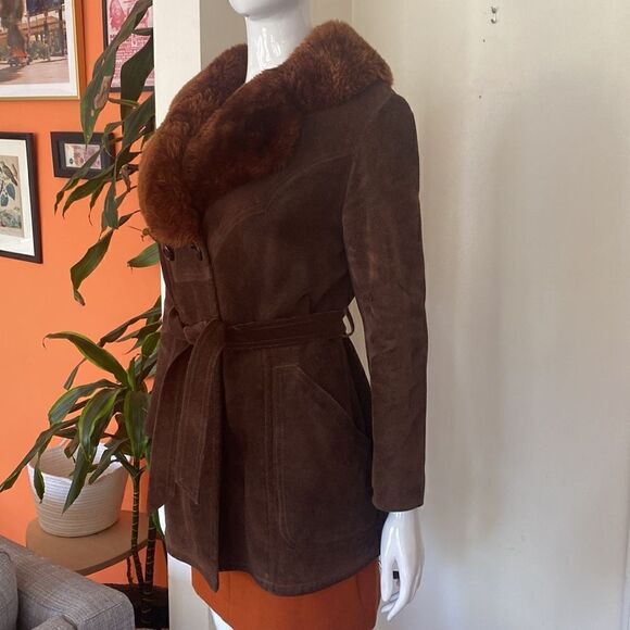 Vintage 70's Chocolate Brown Suede Leather Penny Lane Coat with Faux Fur Collar - Picture 4 of 15
